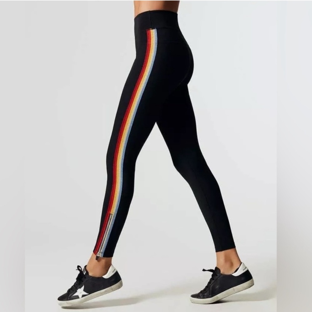 SPIRITUAL GANGSTER Black High-Waisted Leggings w/ Rainbow Stripe & Size Zippers